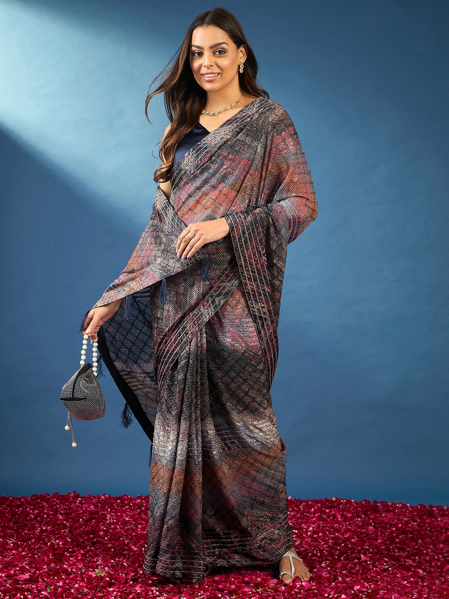 Women's Georgette Black Embellished Designer Saree With Blouse Piece