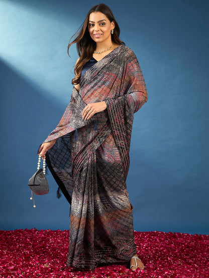 Women's Georgette Black Embellished Designer Saree With Blouse Piece