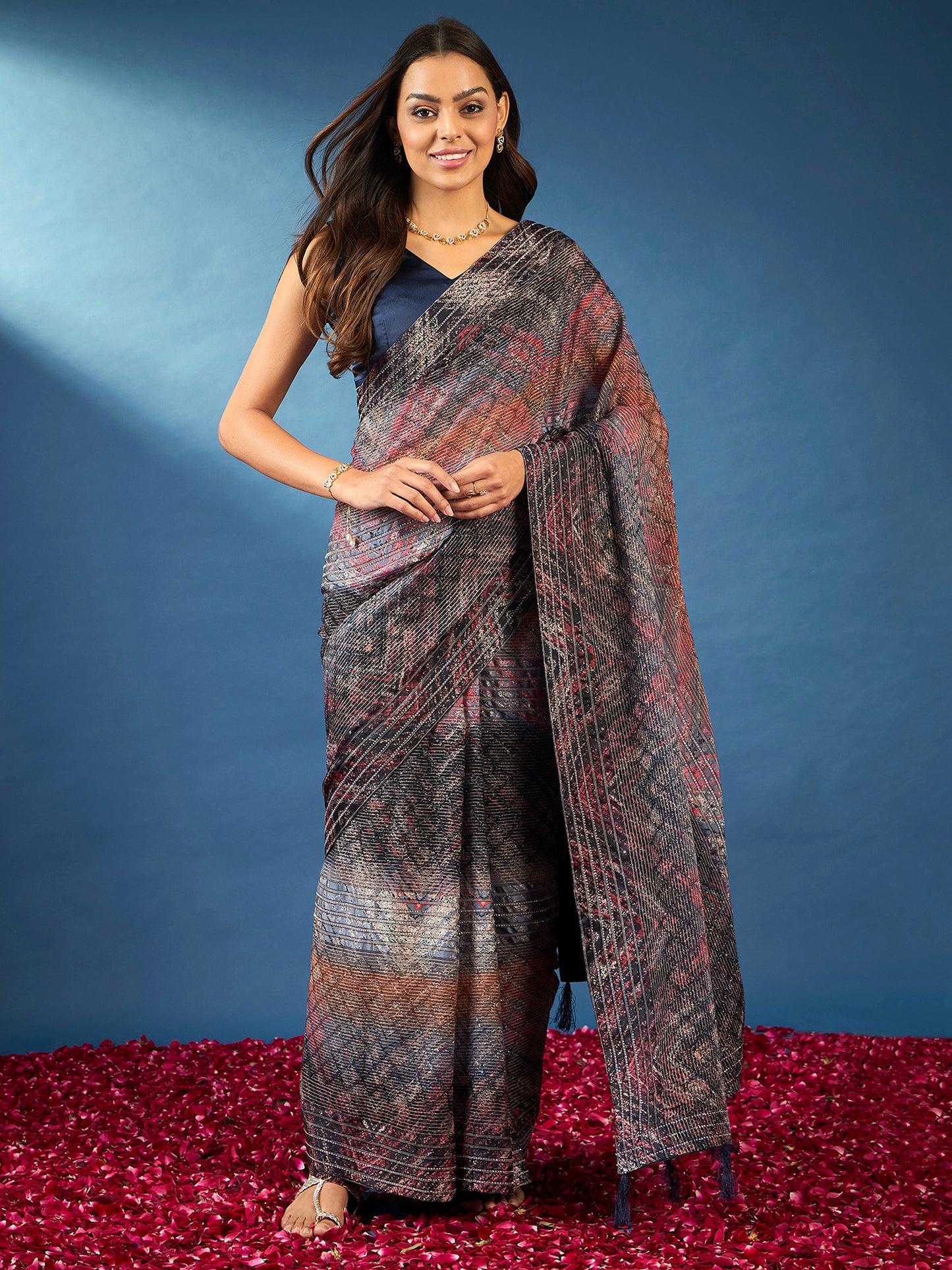 Women's Georgette Black Embellished Designer Saree With Blouse Piece