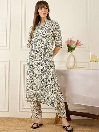 Dhiyona IE Printed Mandarin Collar Three-Quarter Sleeves Top With Trousers