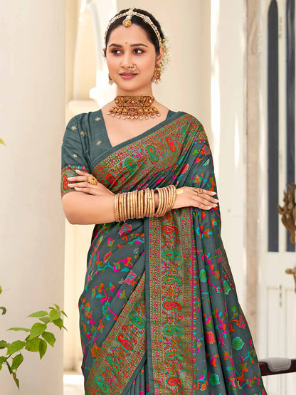 Women's Dola Silk Grey Printed Designer Saree With Blouse Piece
