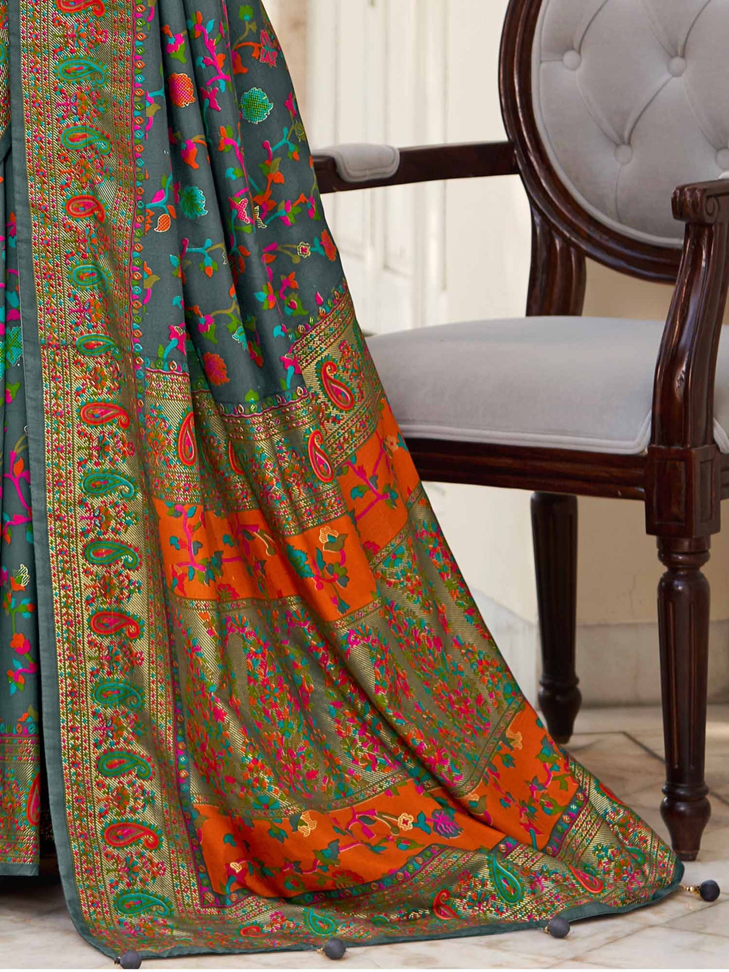 Women's Dola Silk Grey Printed Designer Saree With Blouse Piece