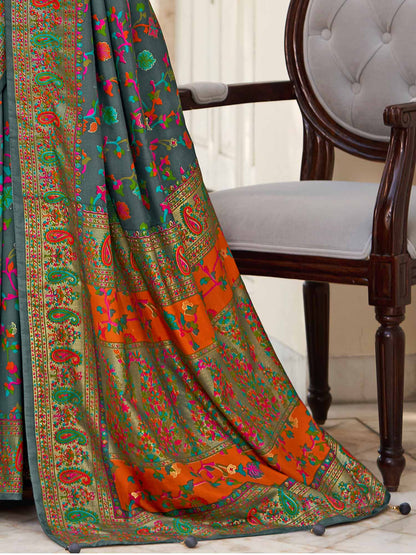 Women's Dola Silk Grey Printed Designer Saree With Blouse Piece