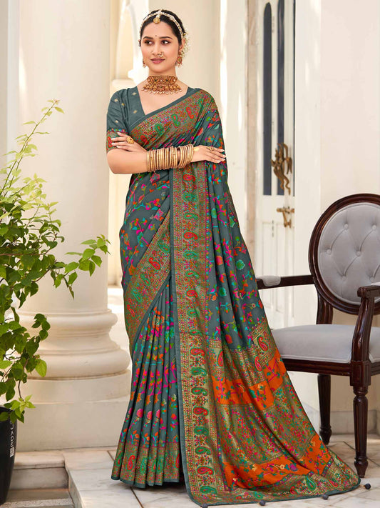 Women's Dola Silk Grey Printed Designer Saree With Blouse Piece