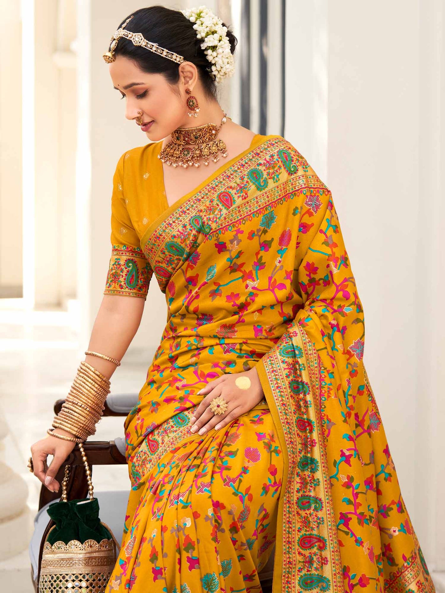 Women's Dola Silk Mustard Printed Designer Saree With Blouse Piece