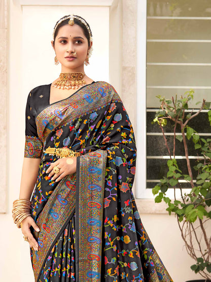 Women's Dola Silk Black Printed Designer Saree With Blouse Piece