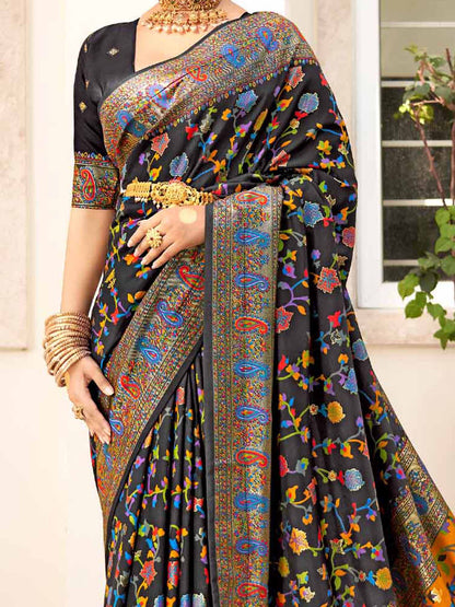 Women's Dola Silk Black Printed Designer Saree With Blouse Piece
