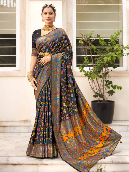 Women's Dola Silk Black Printed Designer Saree With Blouse Piece