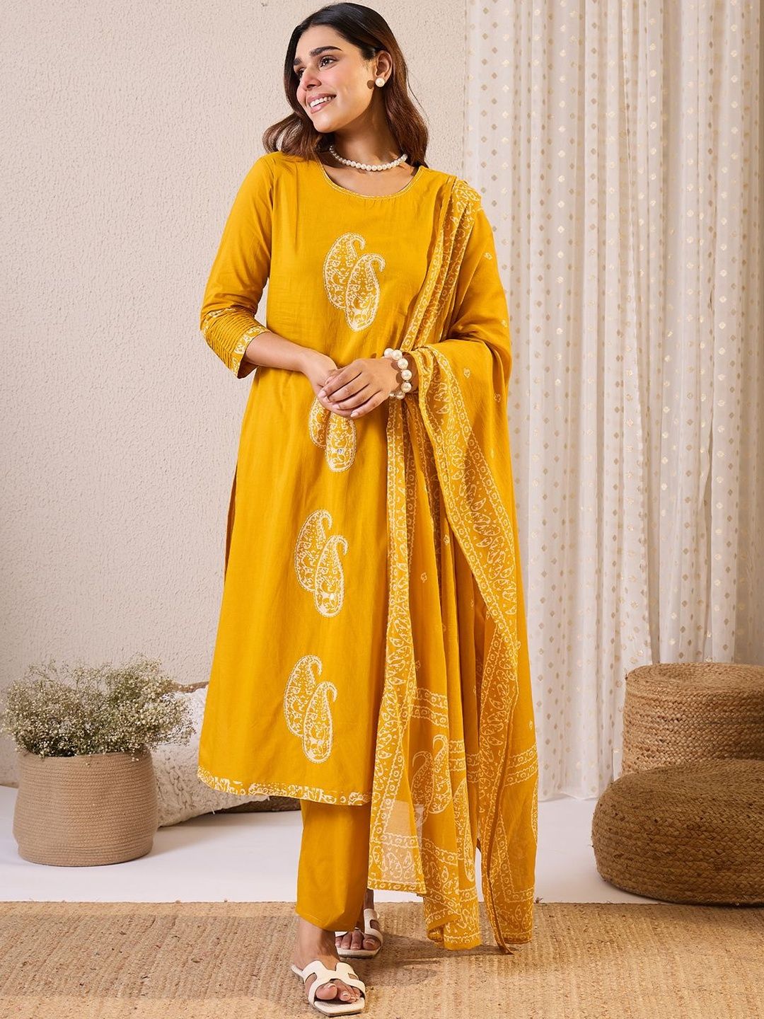 Dhiyona IE Paisley Printed Thread Work Pure Cotton Straight Kurta & Trousers With Dupatta