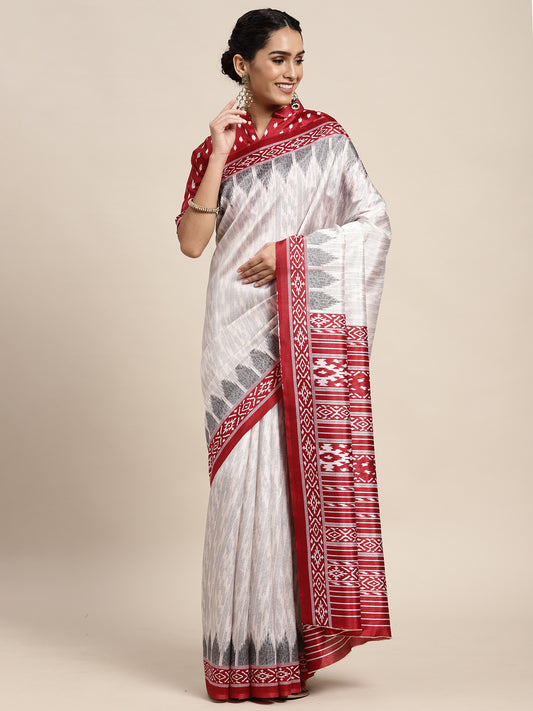 Women's Silk Blend Off White Printed Celebrity Saree With Blouse Piece