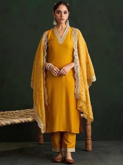 Dhiyona IE Mustard Yellow Floral Embroidered V-Neck Straight Kurta with Trousers & Dupatta