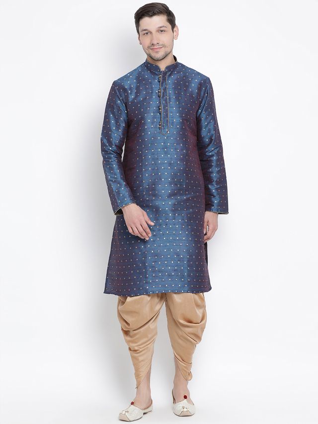 Men's Blue Silk Blend Straight Kurta and Dhoti Set