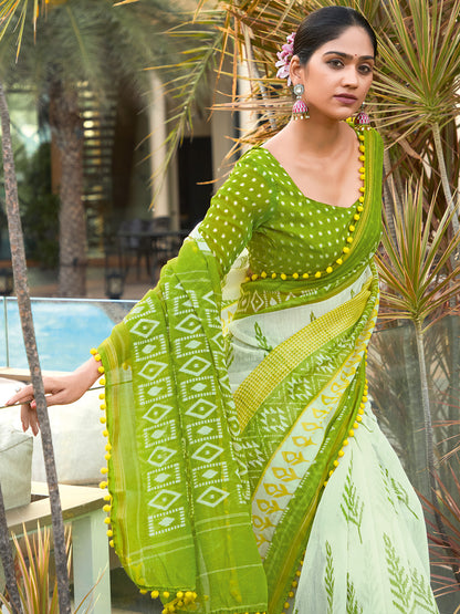 Women's cotton Light Green Embellished Designer Saree With Blouse Piece