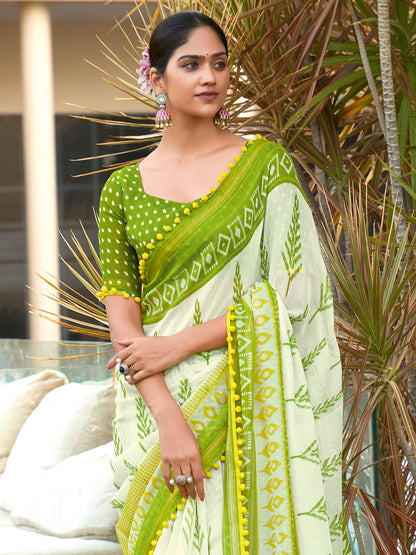 Women's cotton Light Green Embellished Designer Saree With Blouse Piece