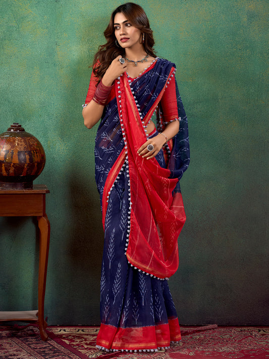 Women's cotton Red Embellished Designer Saree With Blouse Piece