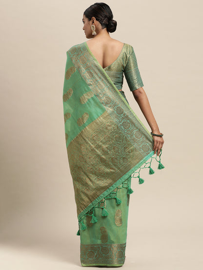 Women's Silk Blend Green Woven Design Designer Saree With Blouse Piece