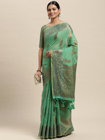 Women's Silk Blend Green Woven Design Designer Saree With Blouse Piece