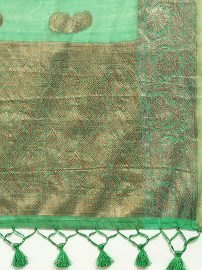 Women's Silk Blend Green Woven Design Designer Saree With Blouse Piece