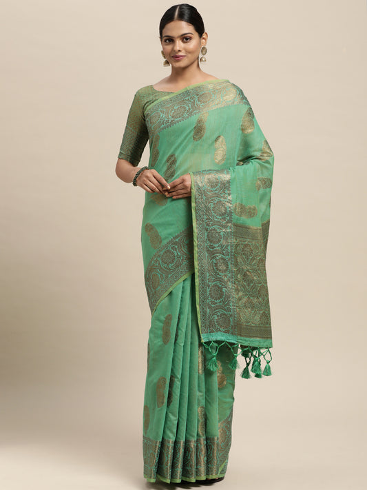 Women's Silk Blend Green Woven Design Designer Saree With Blouse Piece