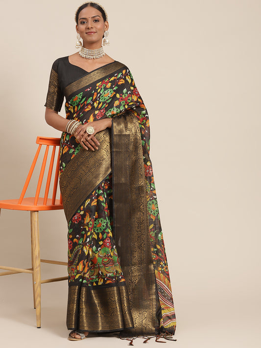 Women's Cotton Blend Black Printed Designer Saree With Blouse Piece