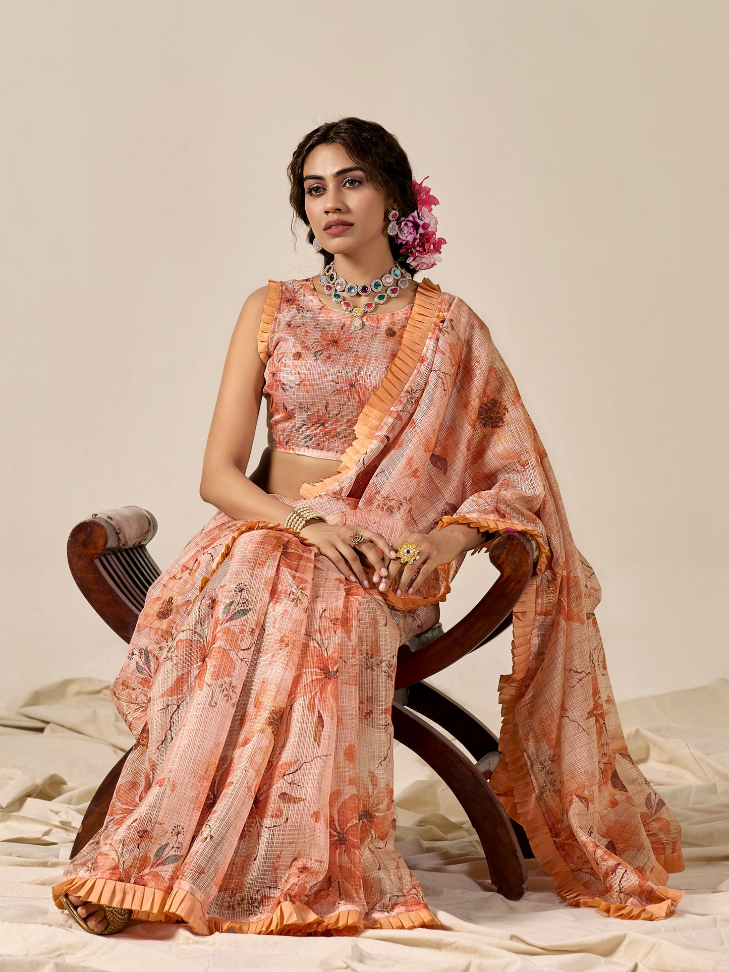 Women's Kota Doria Cotton Peach Printed Designer Saree With Blouse Piece