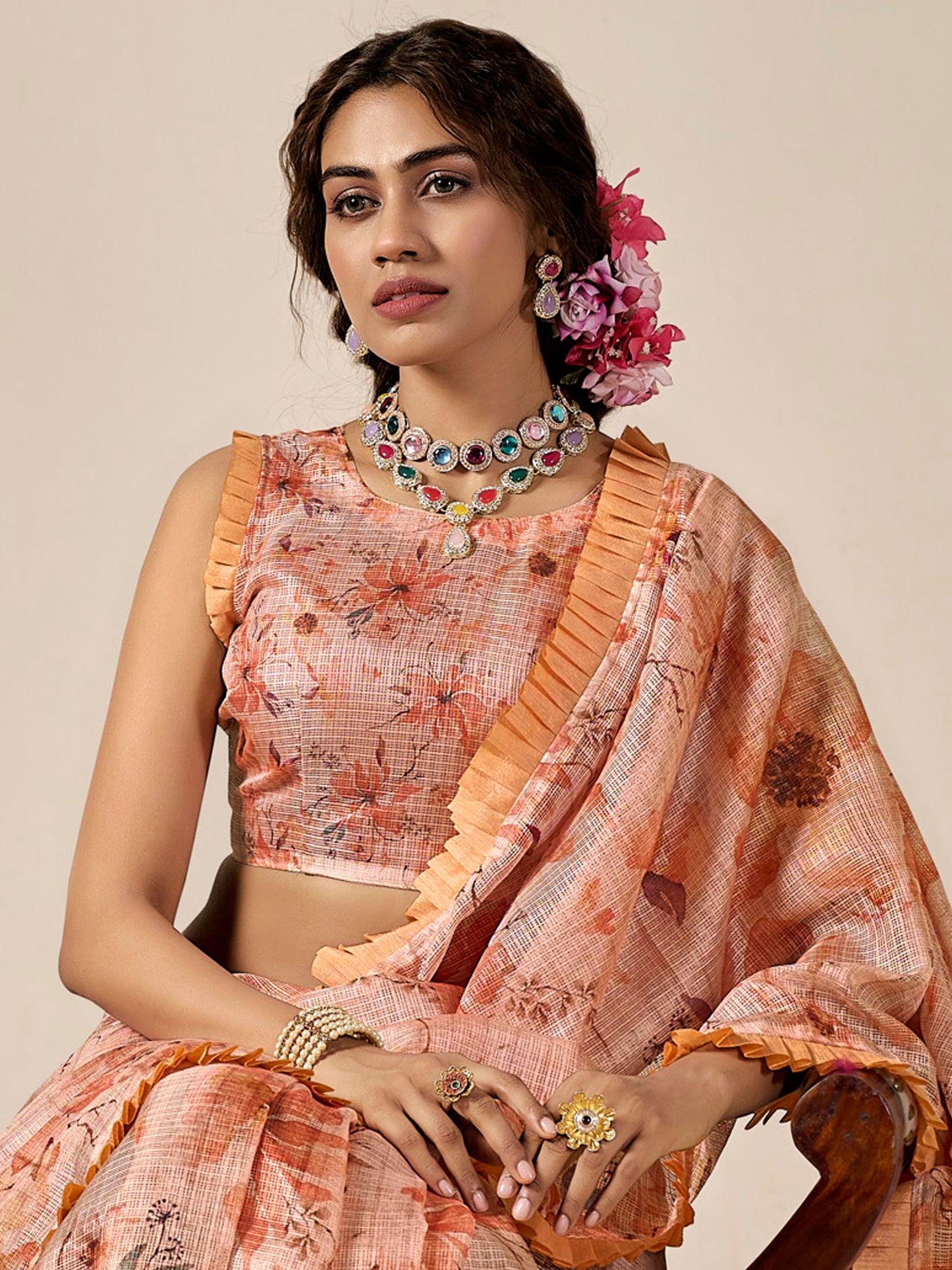 Women's Kota Doria Cotton Peach Printed Designer Saree With Blouse Piece