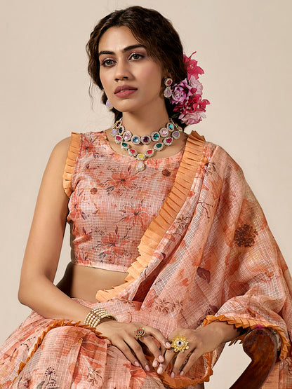 Women's Kota Doria Cotton Peach Printed Designer Saree With Blouse Piece