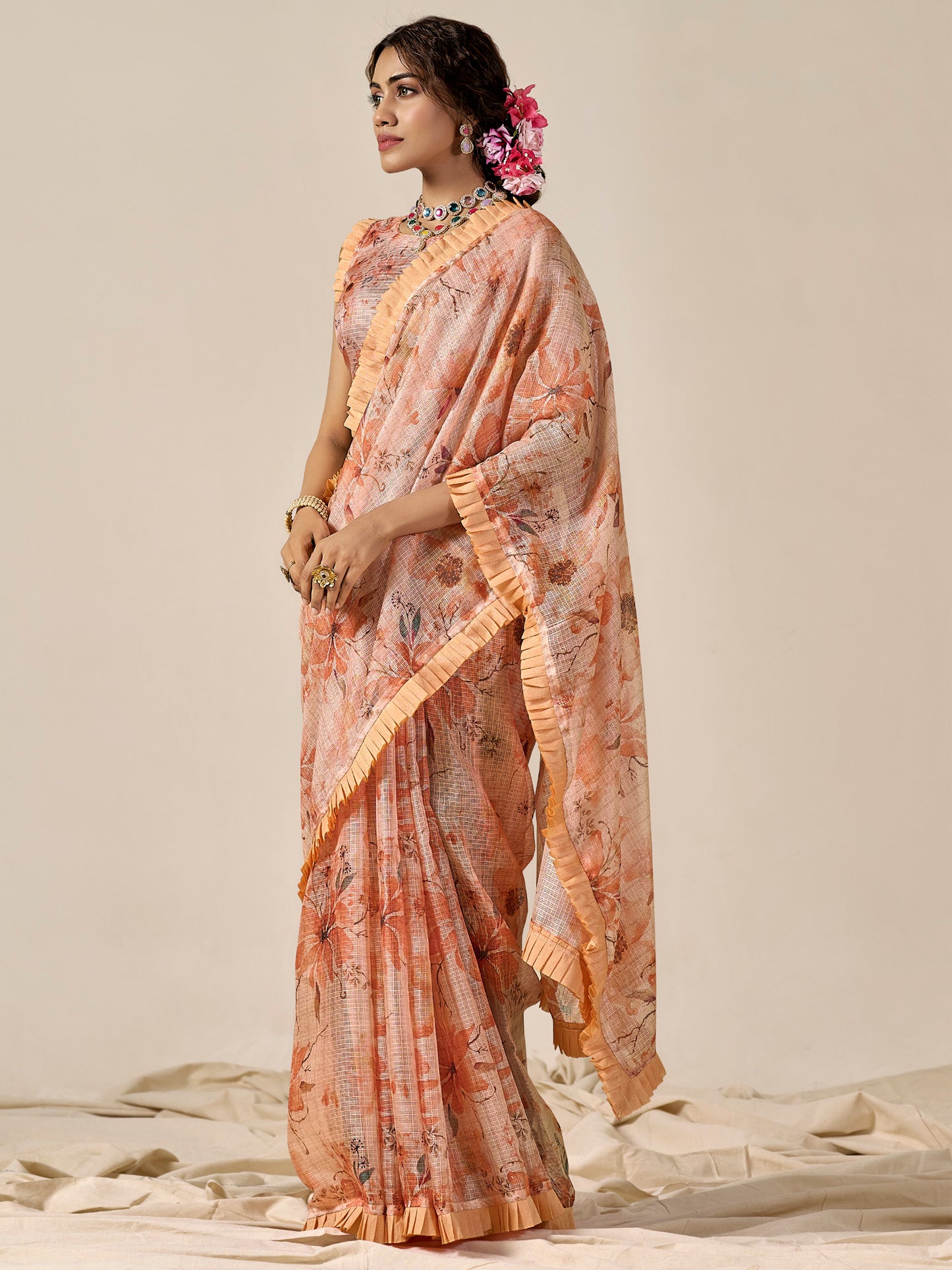 Women's Kota Doria Cotton Peach Printed Designer Saree With Blouse Piece