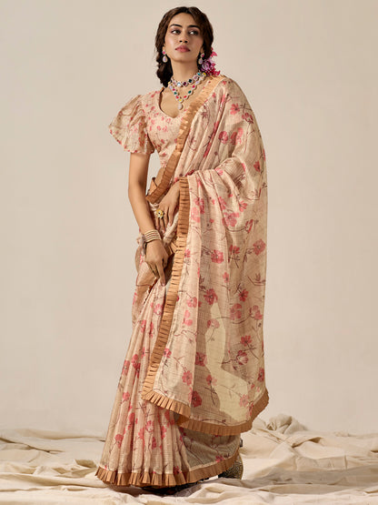 Women's Kota Doria Cotton Cream Printed Designer Saree With Blouse Piece