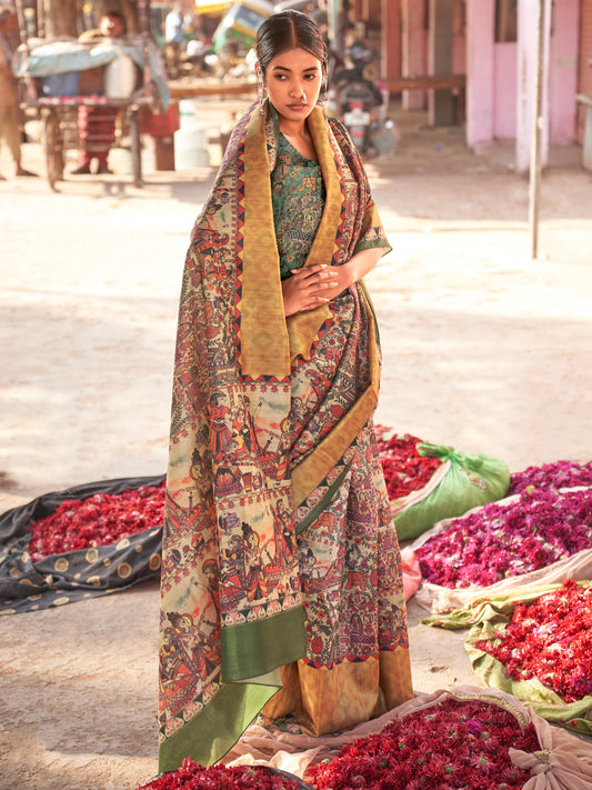 Women's Silk Blend Beige Printed Designer Saree With Blouse Piece