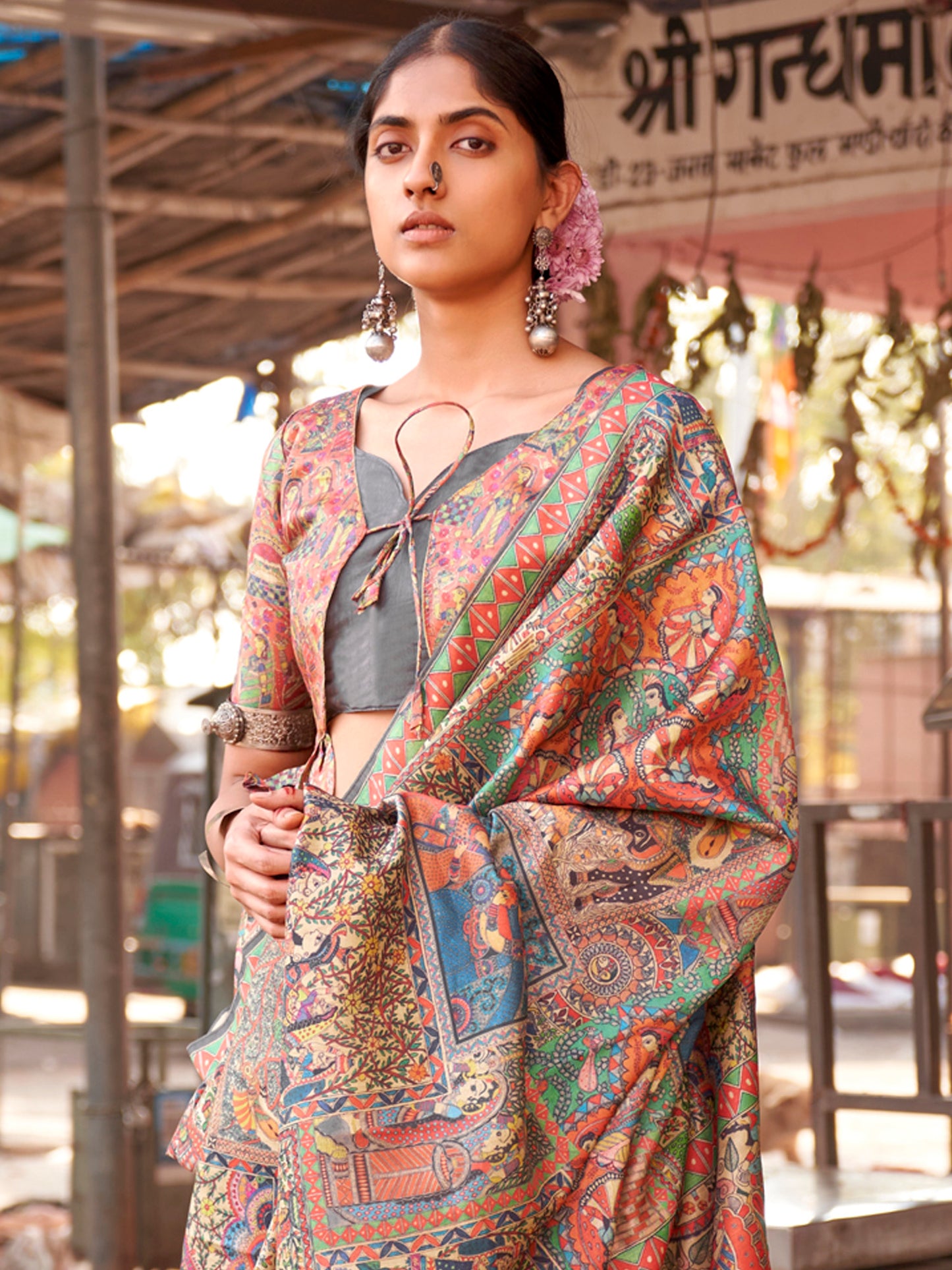 Women's Silk Blend Beige Printed Designer Saree With Blouse Piece