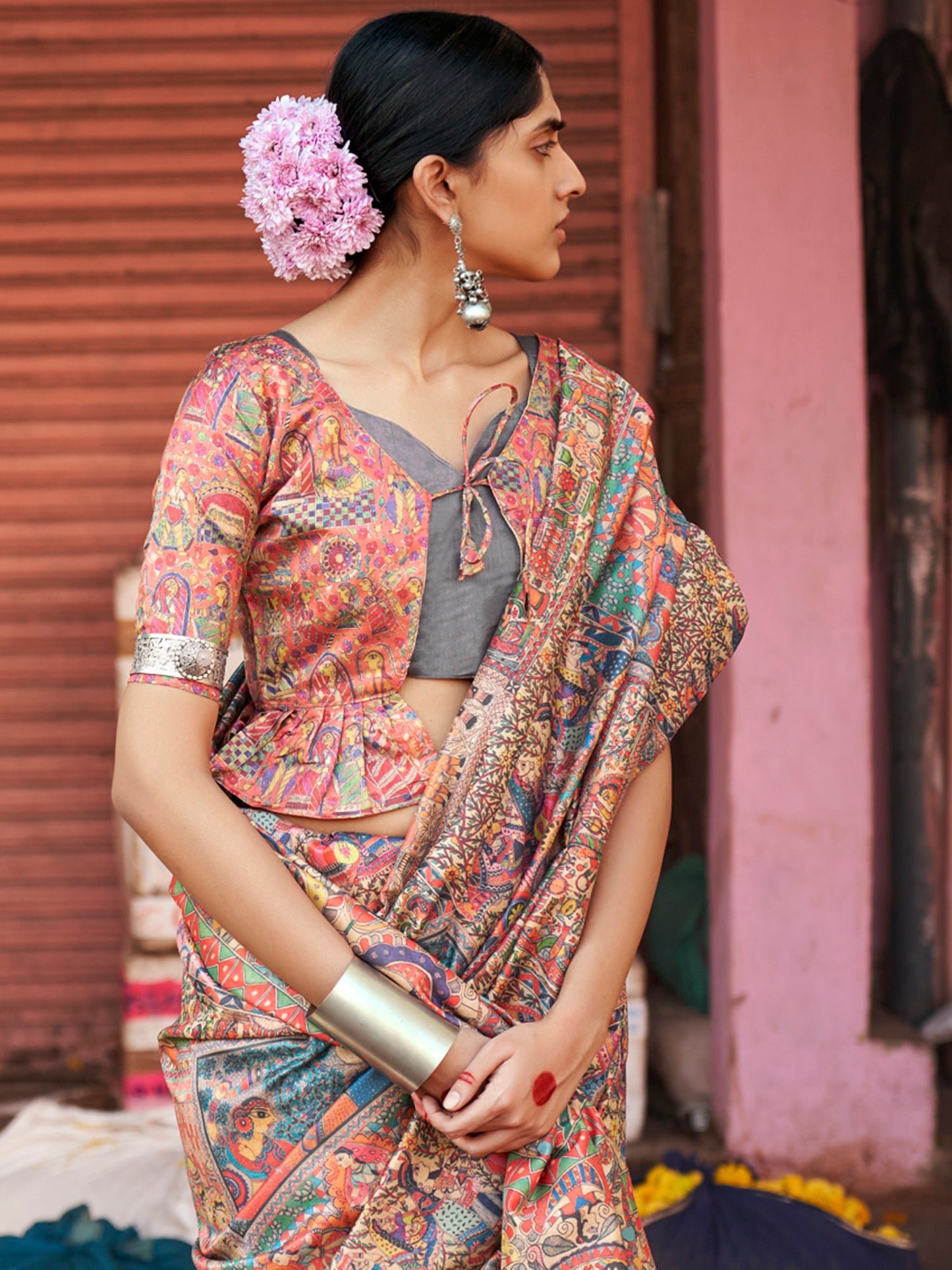 Women's Silk Blend Beige Printed Designer Saree With Blouse Piece