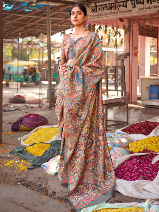 Women's Silk Blend Beige Printed Designer Saree With Blouse Piece