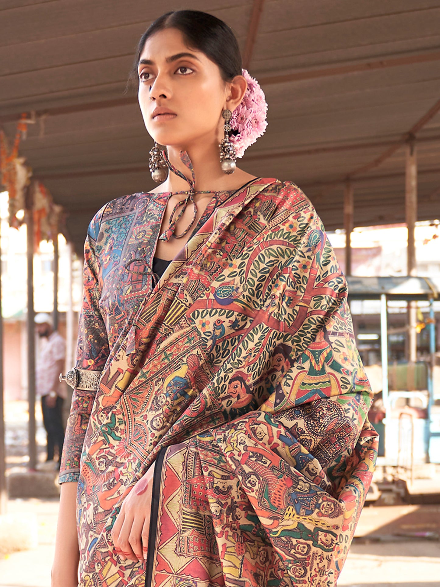 Women's Silk Blend Beige Printed Designer Saree With Blouse Piece