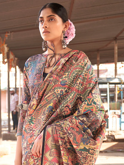 Women's Silk Blend Beige Printed Designer Saree With Blouse Piece
