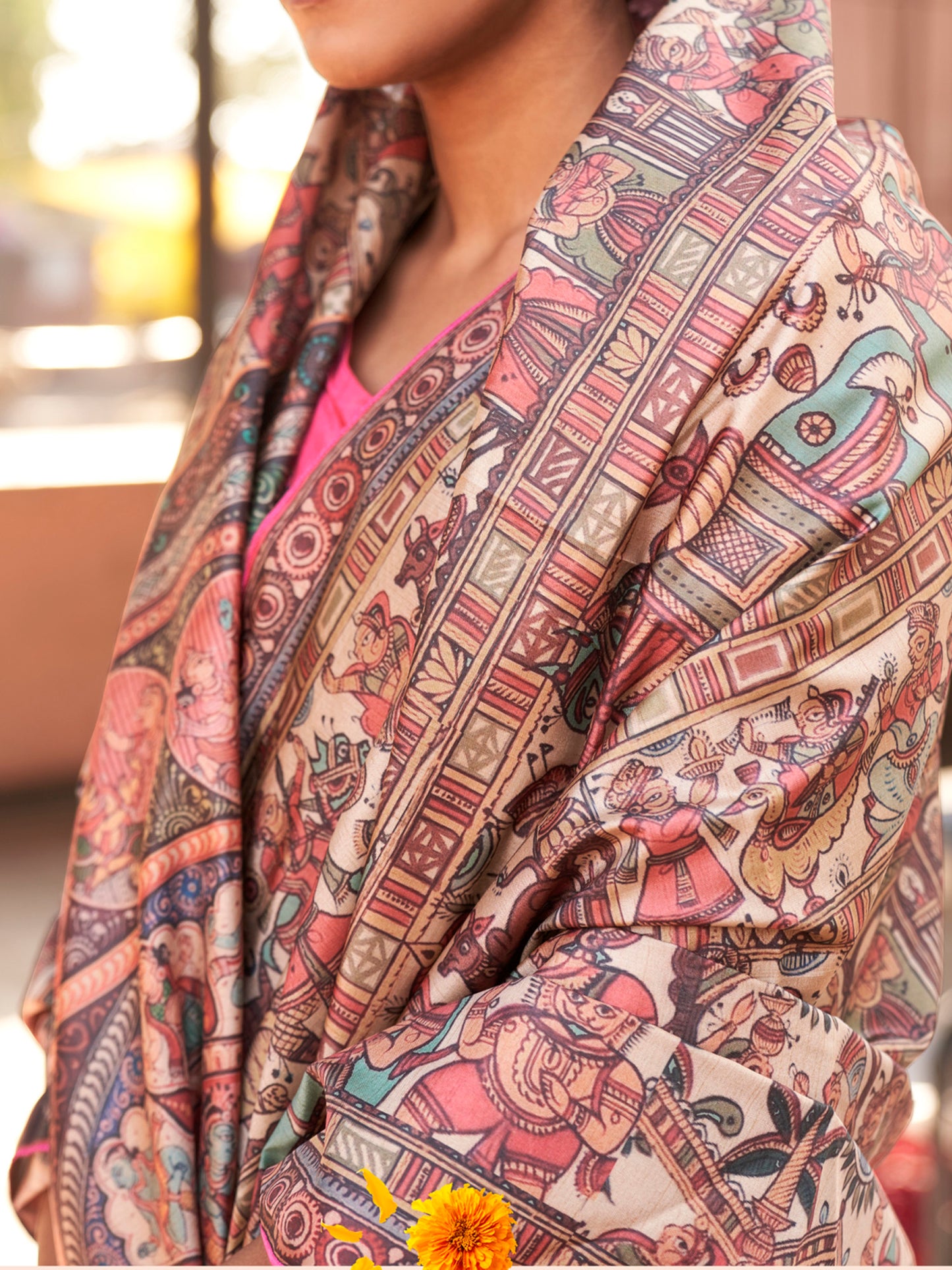 Women's Silk Blend Beige Printed Designer Saree With Blouse Piece