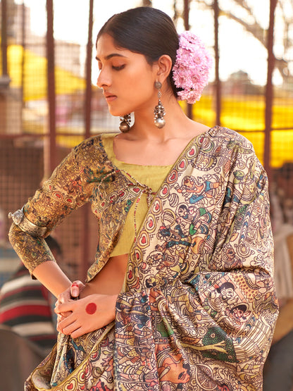 Women's Silk Blend Beige Printed Designer Saree With Blouse Piece