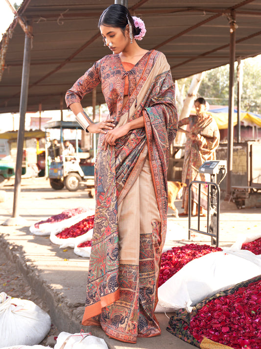 Women's Silk Blend Beige Printed Designer Saree With Blouse Piece