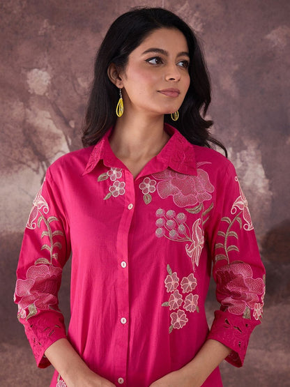 Floral Embroidered Thread Work Pure Cotton Kurta With Trouser