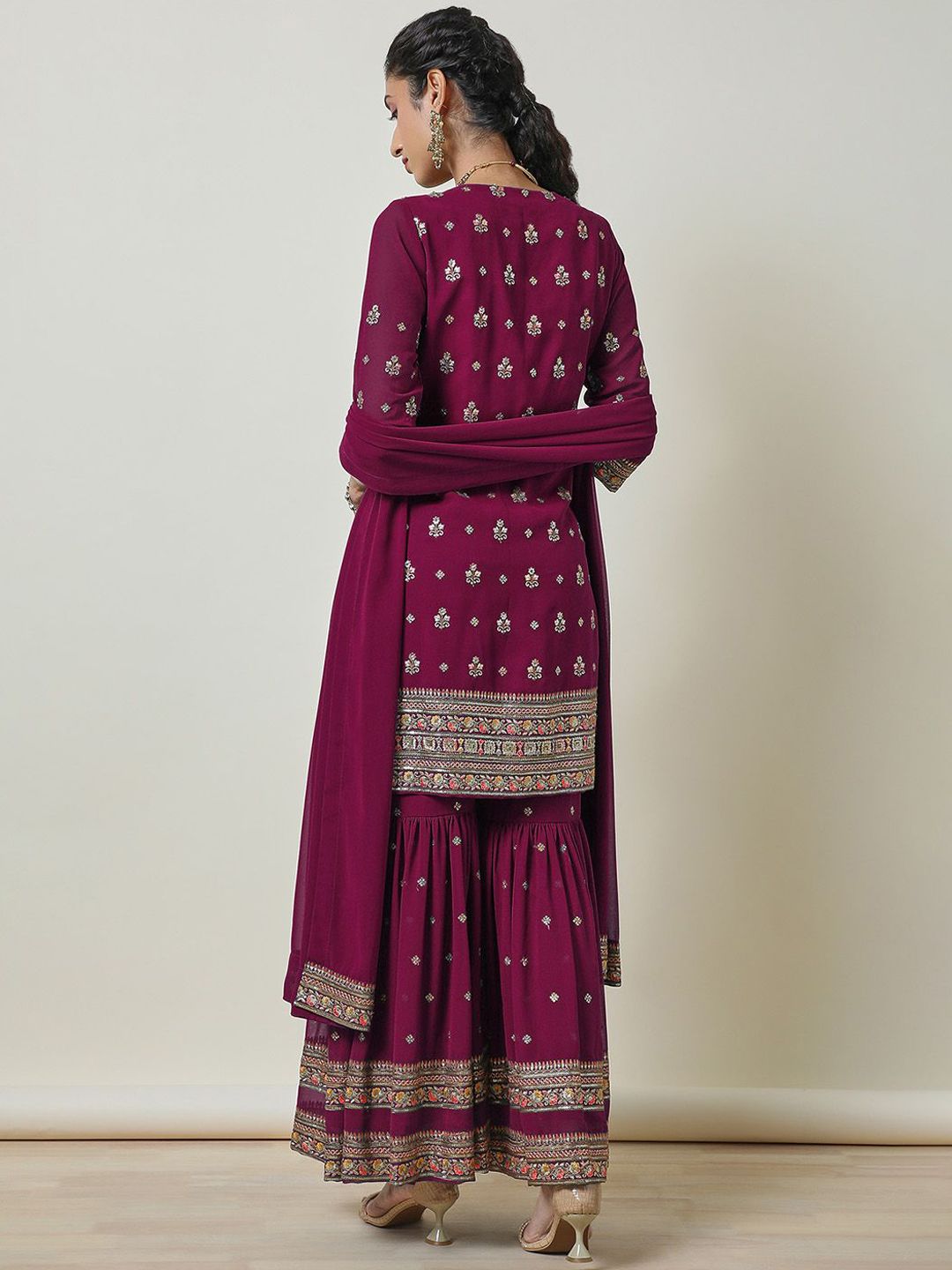 Dhiyona SO Women's Floral Embroidered Georgette Straight Kurti With Sharara & Dupatta