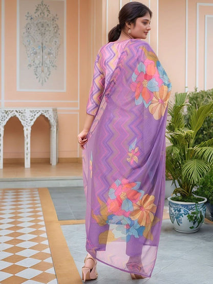 Dhiyona KL Women Striped Printed Regular Kurta with Trousers & With Dupatta