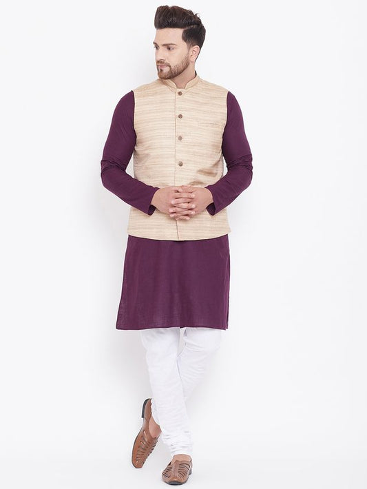 Men's Purple Cotton Blend Straight Jacket  Kurta and Pyjama Set