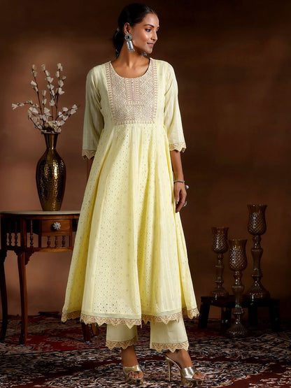 Dhiyona LB Women's Ethnic Motif Embroidered Sequinned Pure Cotton Anarkali Kurta With Trouser & Dupatta