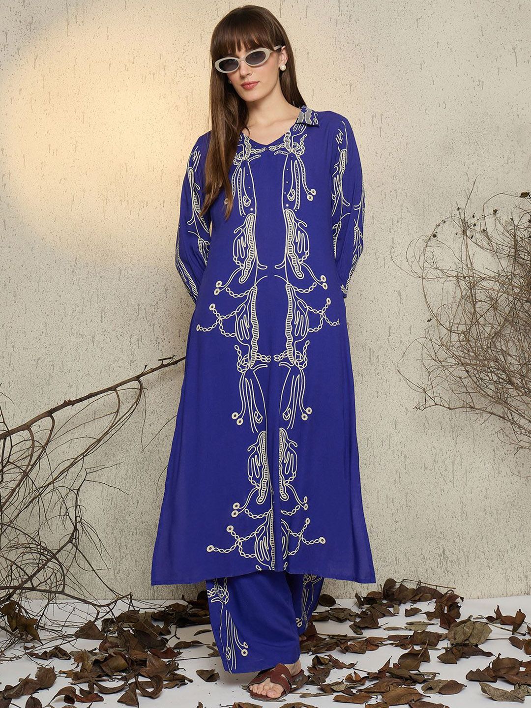 Dhiyona IE Women Printed Shirt Collar Top and Trousers Co-Ords