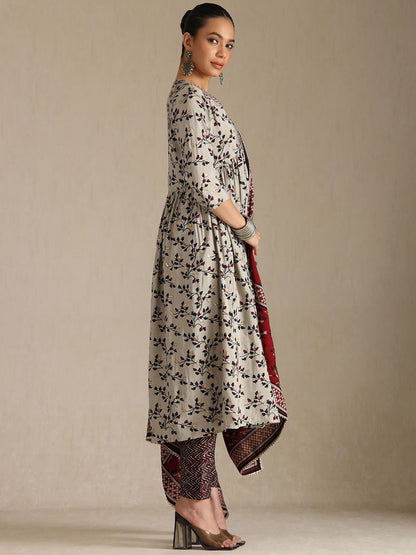 Dhiyona SO Women's Women Floral Printed Sequinned V-Neck Kurta with Trousers & With Dupatta