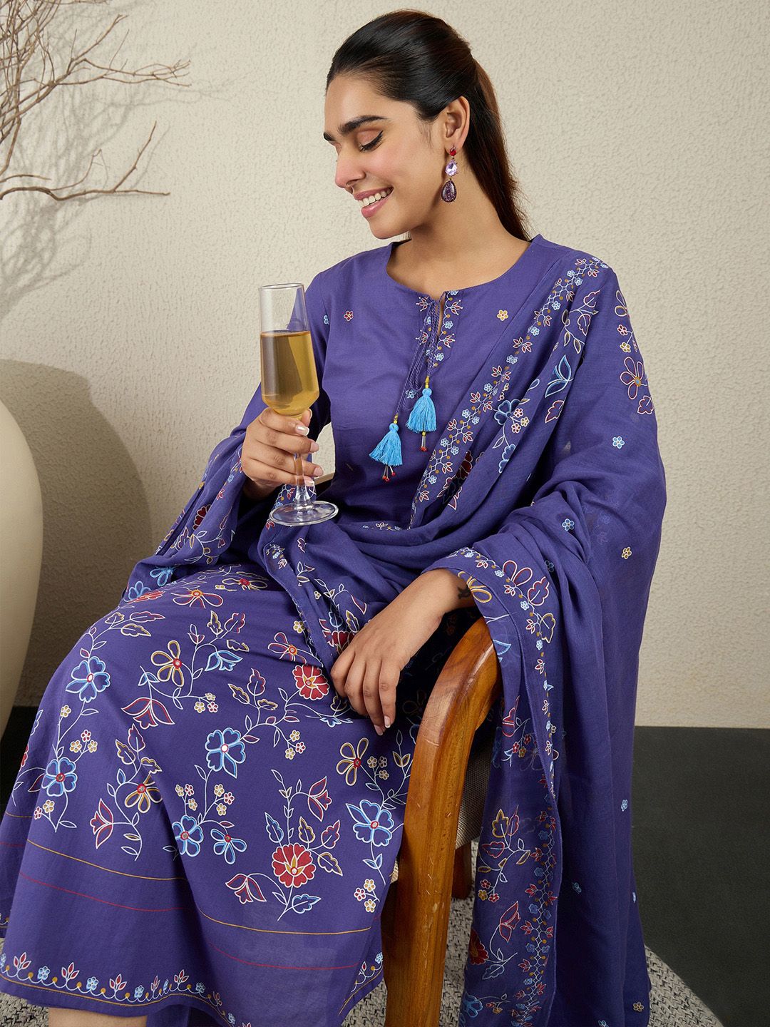 Women Floral Printed Cotton Kurta with Trousers & Dupatta
