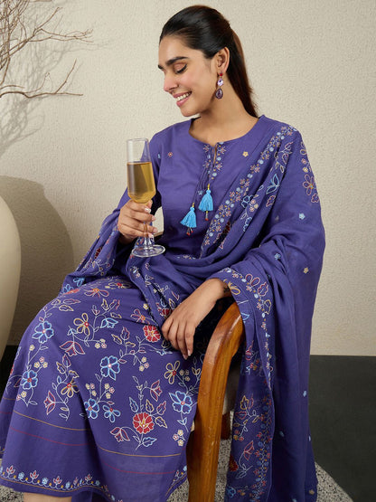 Women Floral Printed Cotton Kurta with Trousers & Dupatta