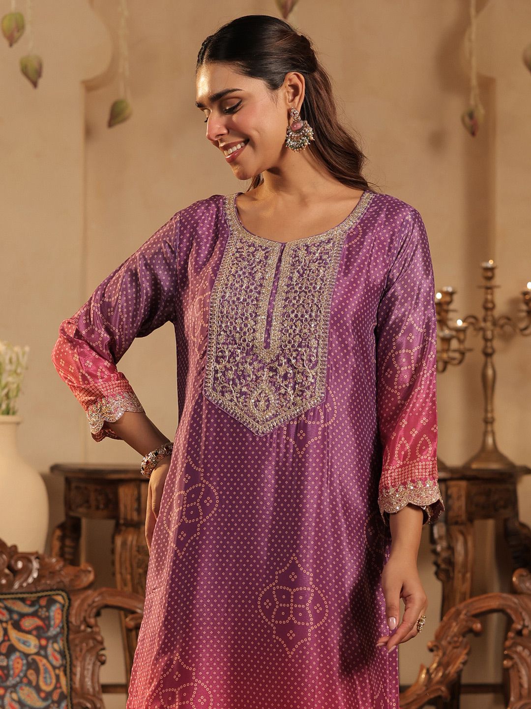 Women Bandhani Printed Kurta with Trousers & Dupatta