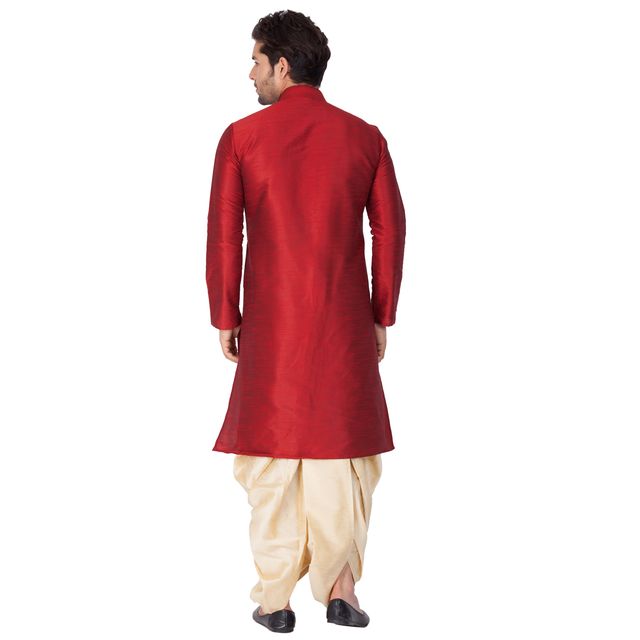 Men's Maroon Silk Blend Straight Kurta and Dhoti Set