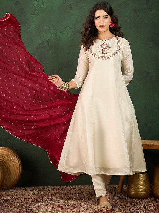 Dhiyona SN Women's Round Neck Embroidered A-Line Kurta Sets